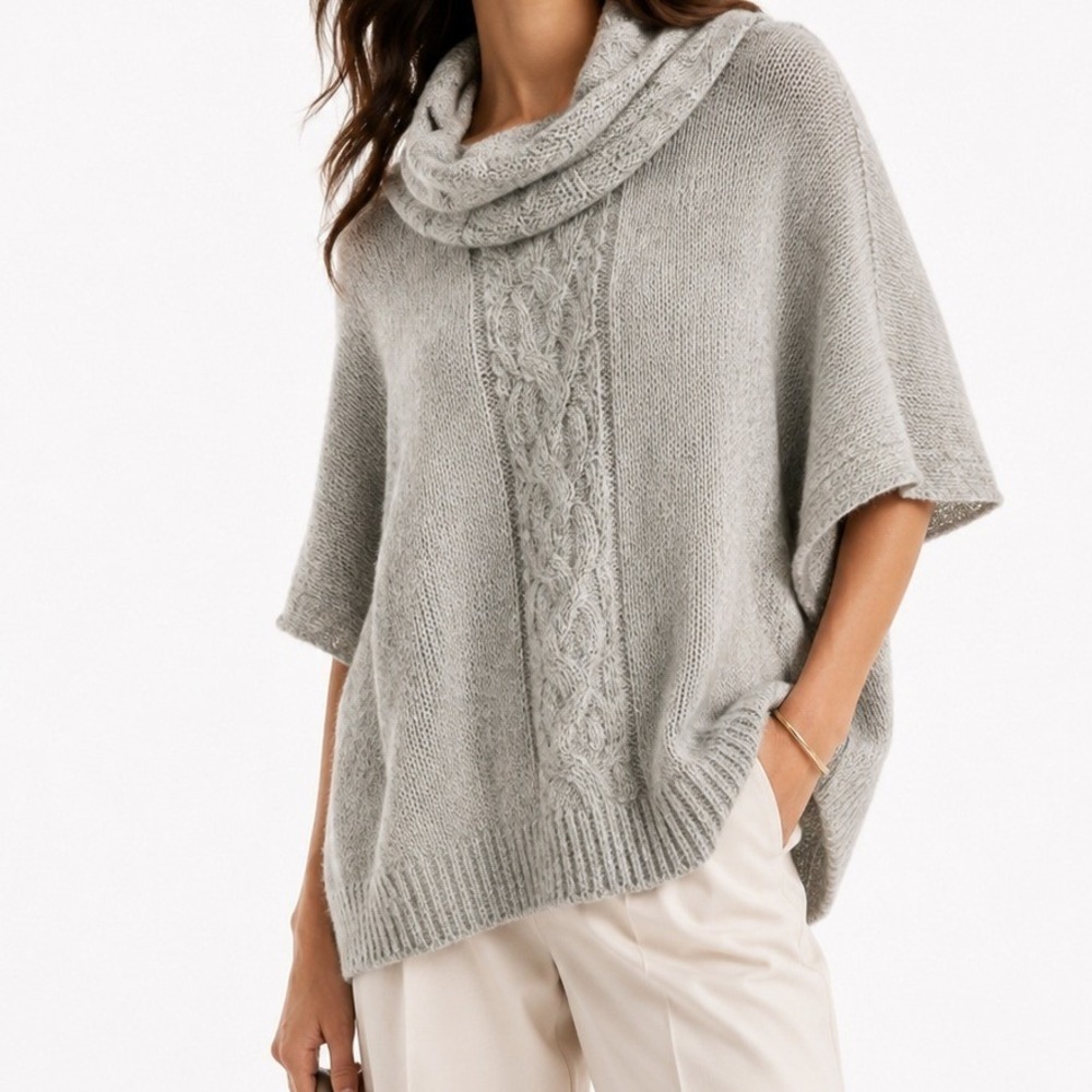 White House Black Market Gray Cable Knit Cowl Neck Poncho Sweater Pockets Small